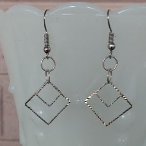Square Silver Tone Diamond Cut Earrings